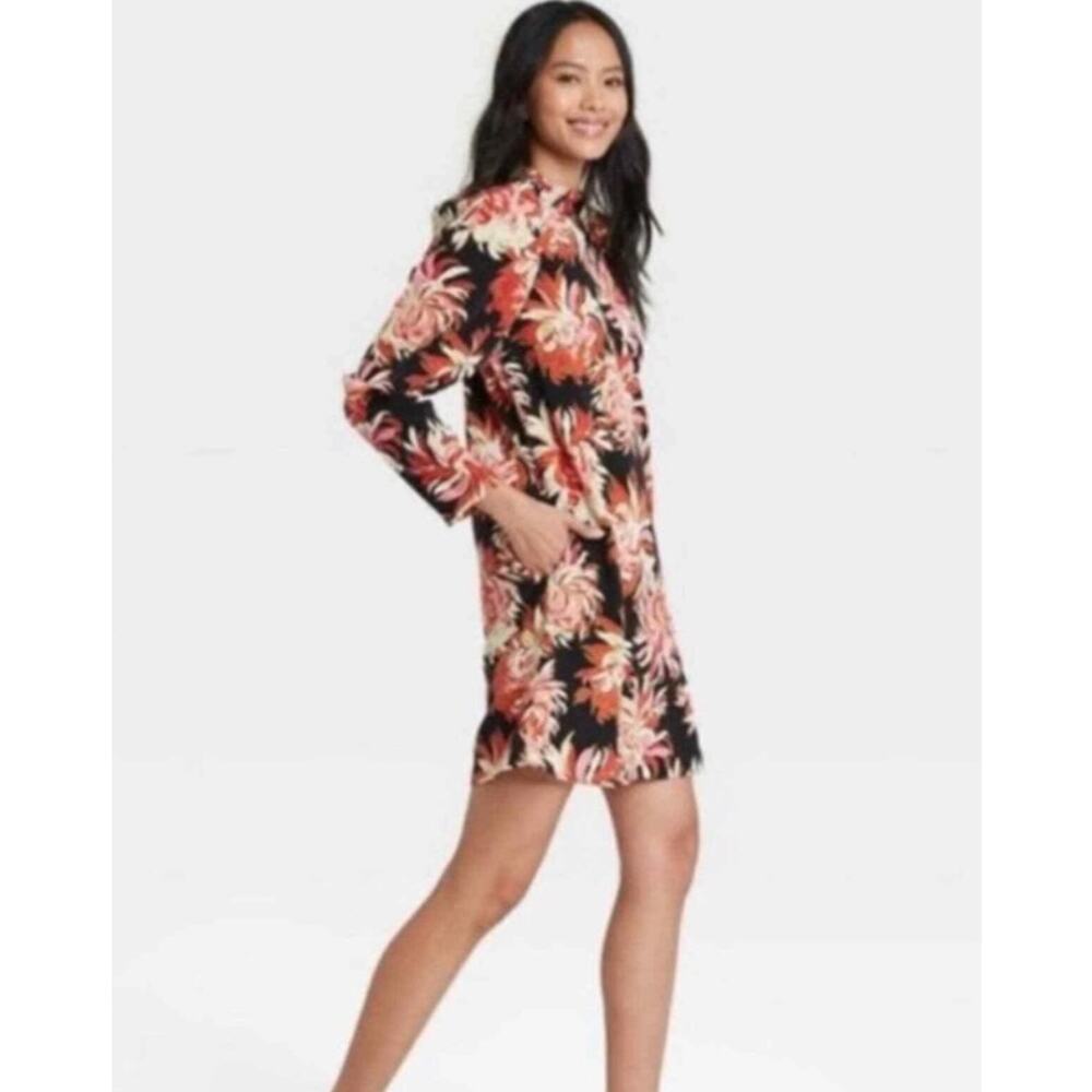 WHO WHAT WEAR new black pink floral abstract puff sleeve mock mini dress